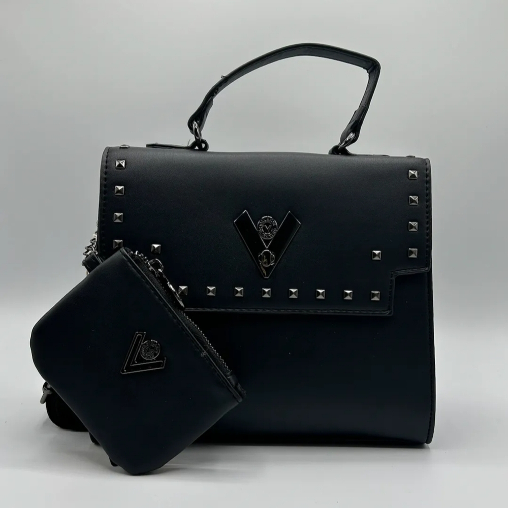 Chic Black Studded Satchel with Pouch